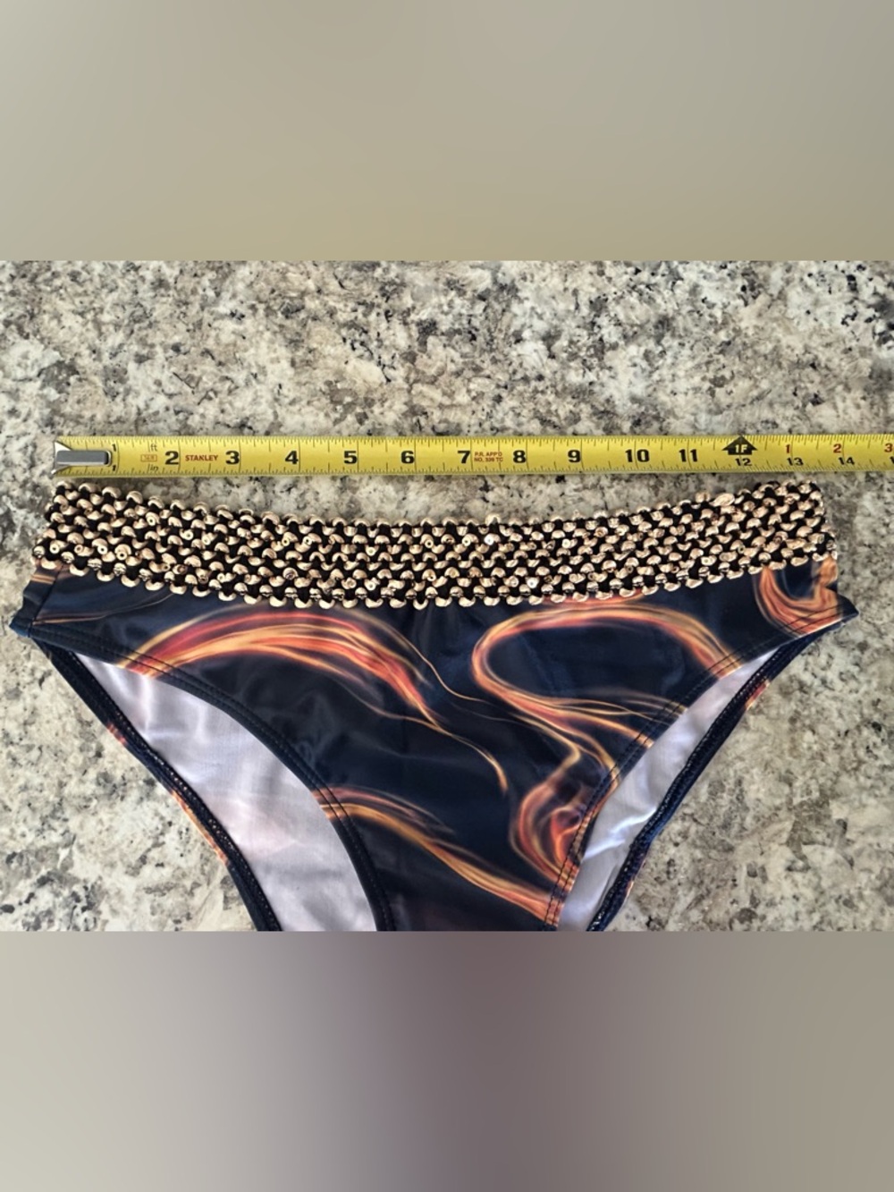NWOT 2Pc Swimsuit Bikini Navy Orange Swirl Textured Gold Sequin Trim Size M - Picture 12 of 12